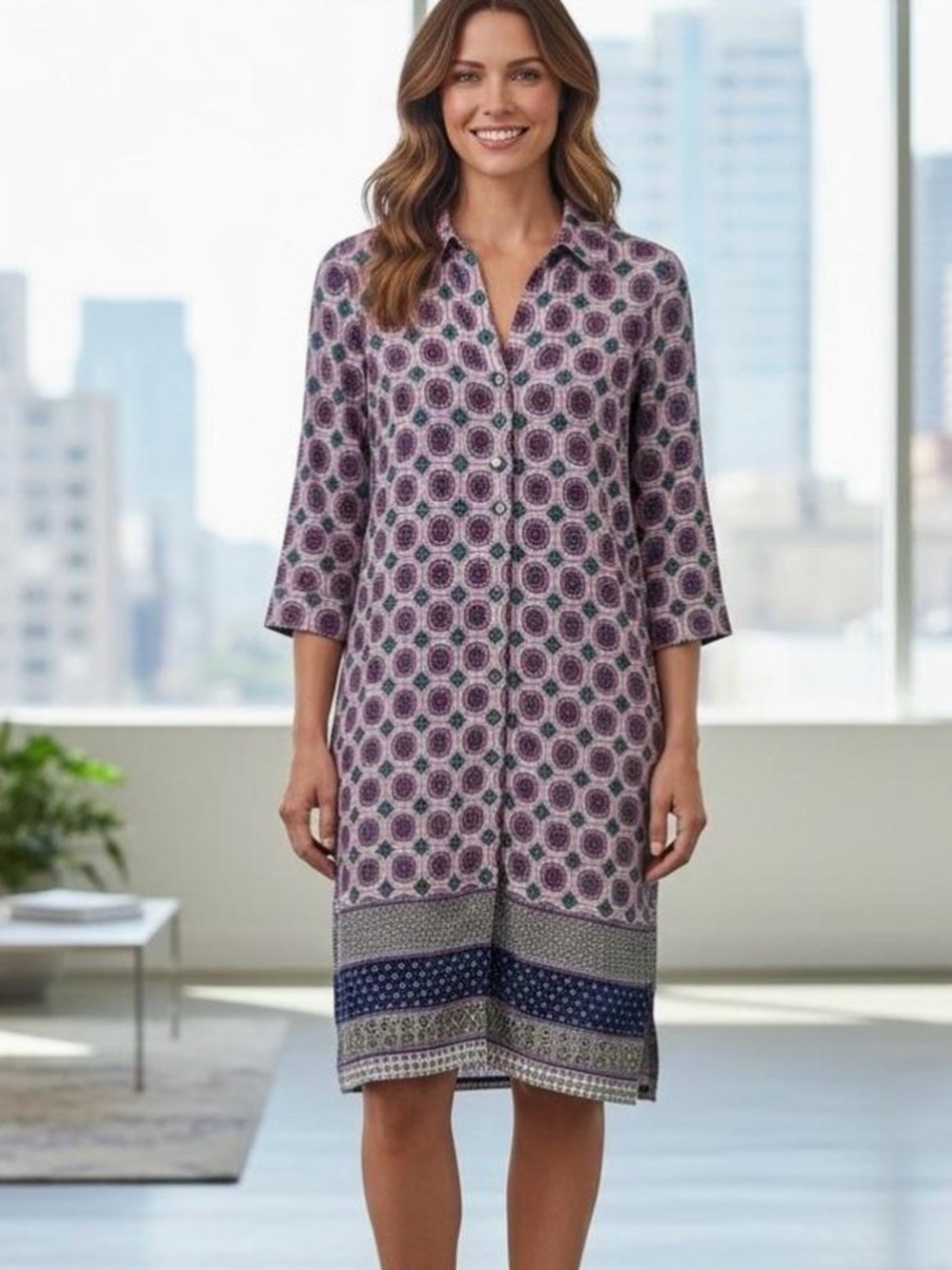 Chico's Pink, Navy and Teal Geometric Print Top